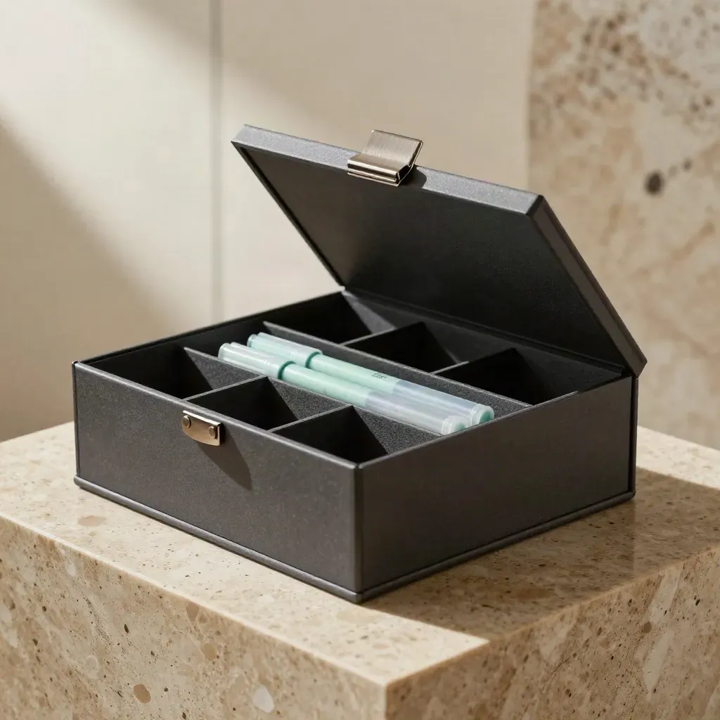 Open charcoal audit box with rising dividers, mint markers and metal clip on travertine.
