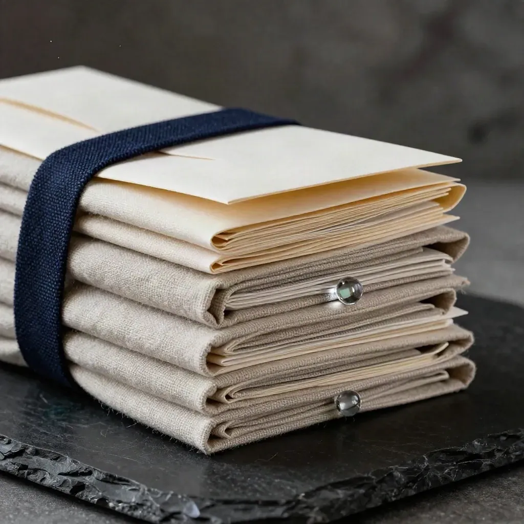 Soft linen-wrapped lead-form pack with glass bead and cream envelope on matte-black stone.