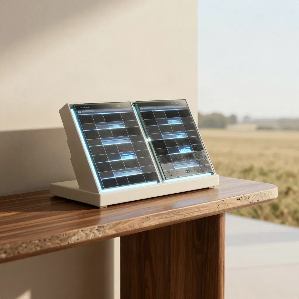 Graphite analytics console with blue glow on walnut plinth in a bright studio.