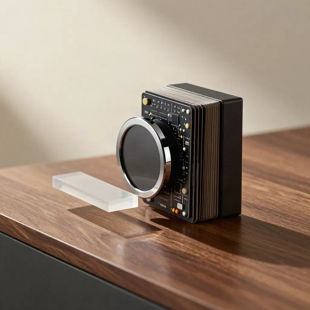 Hero product box with modular cards, chrome ring and spacer block on a dark pedestal.