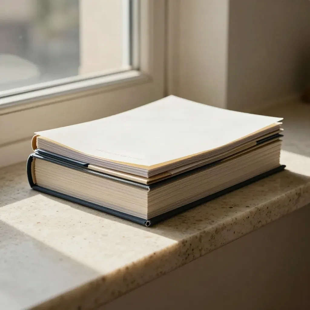 Market audit bundle with tabs, sample sheets, and stone weight on travertine ledge