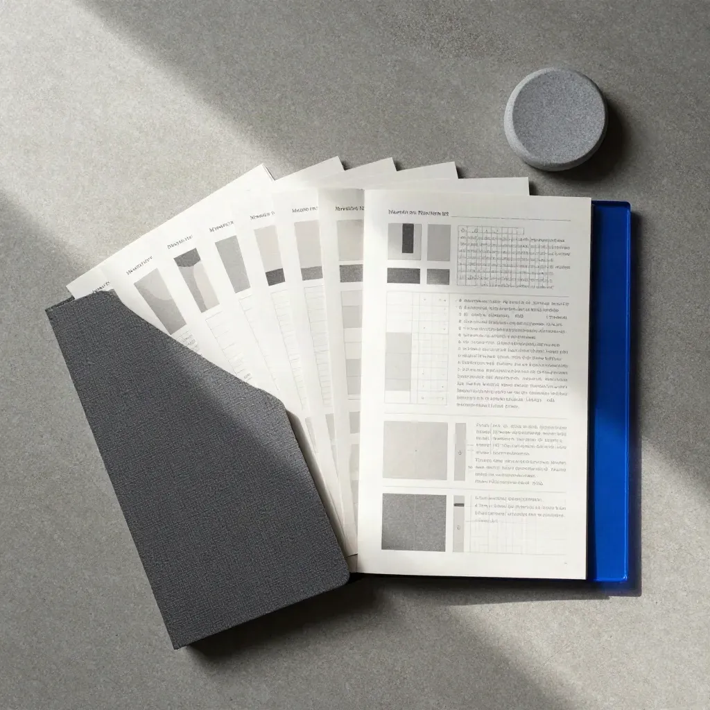 Overhead flatlay of a growth plan folio, layered cards and stone weight on concrete.
